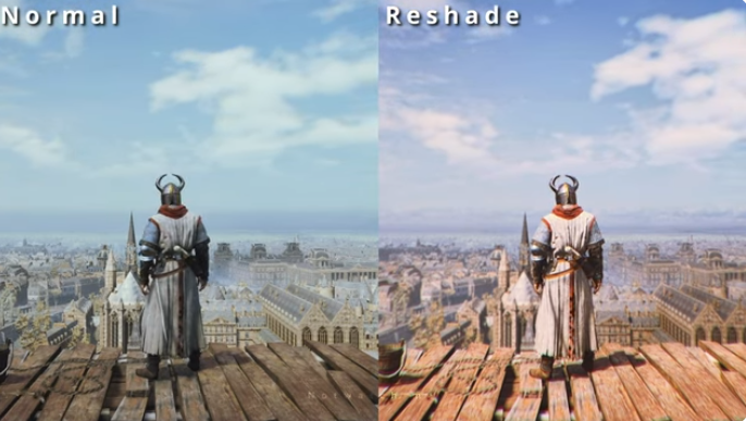 Side-by-side scene comparing stock game colors with ReShade color grading applied