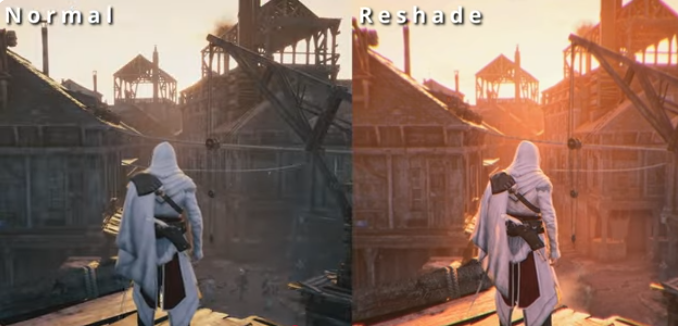 Gameplay frame illustrating depth-aware ambient occlusion and edge treatment after ReShade passes