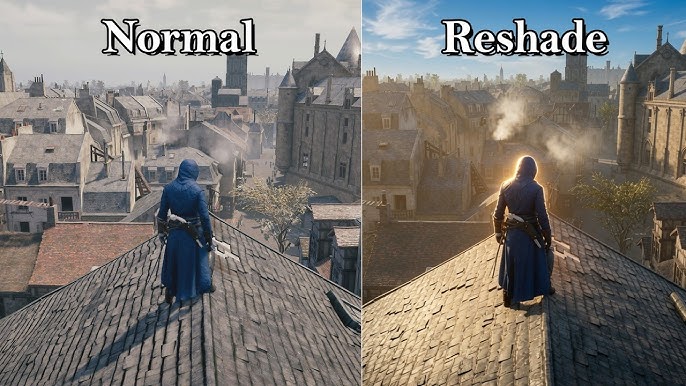 Rooftop city scene comparing default rendering with ReShade bloom and contrast enhancement