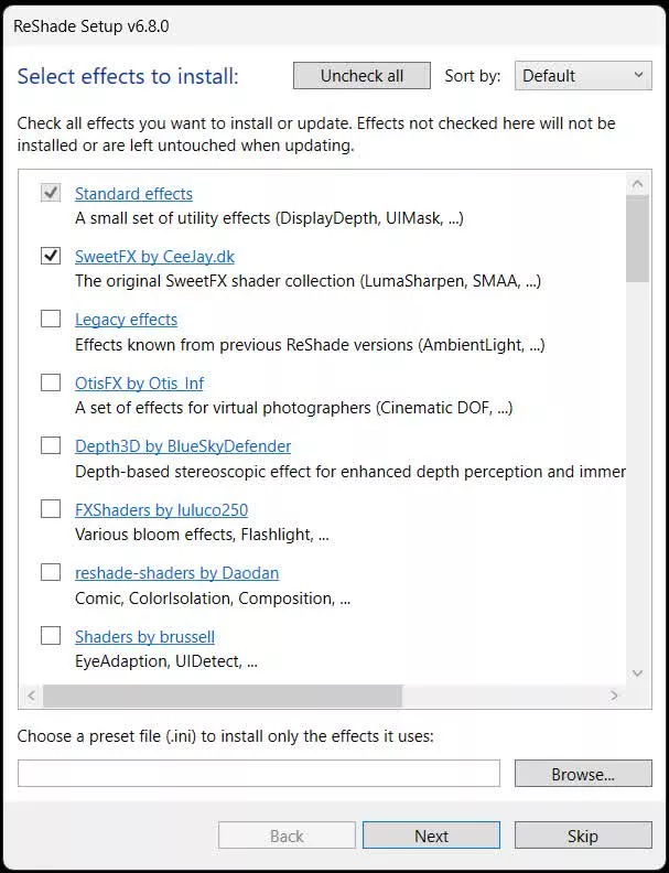 ReShade Setup 6.8.0 dialog listing Standard, SweetFX, OtisFX and related effect packs